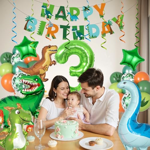 Amandir Dinosaur 3rd Birthday Party Decorations – 47-Piece Foil Balloon Kit with Number 3, Star, and Hanging Swirls