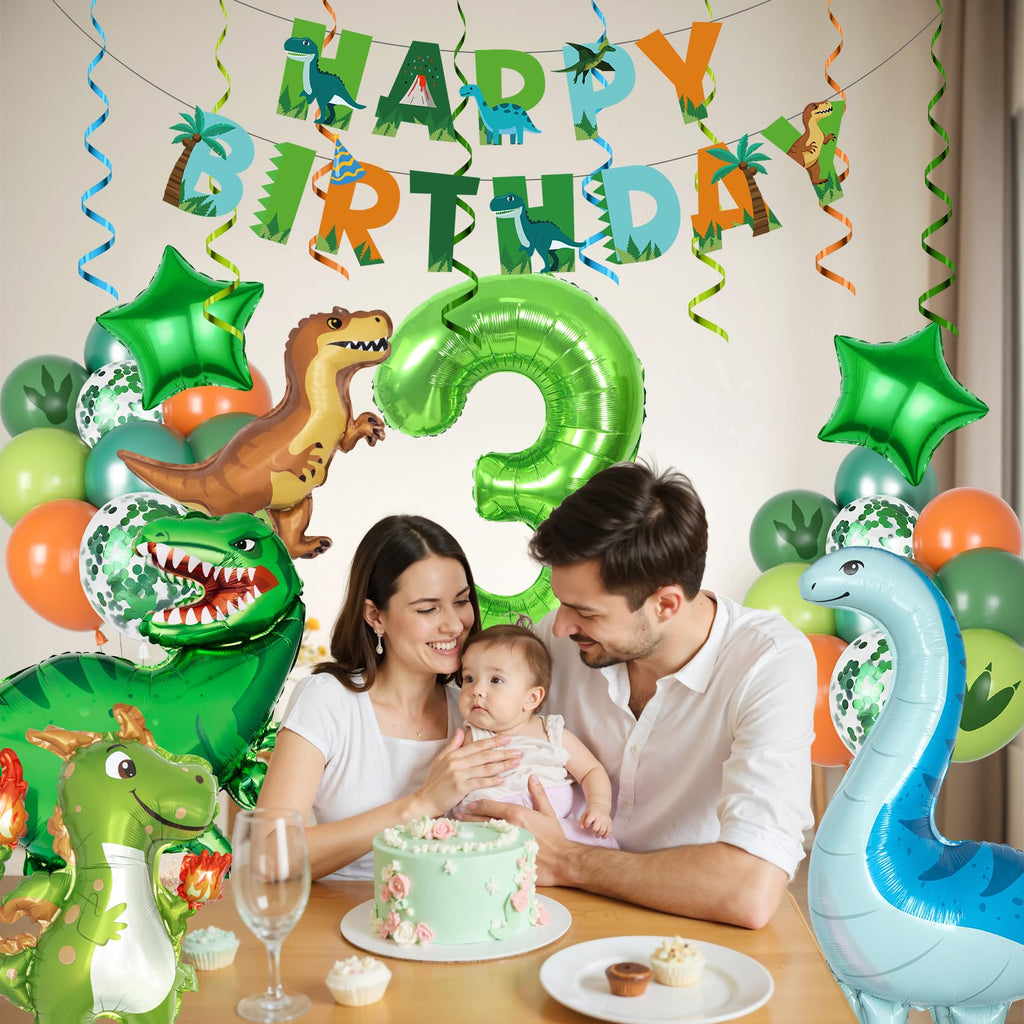Amandir Dinosaur 3rd Birthday Party Decorations – 47-Piece Foil Balloon Kit with Number 3, Star, and Hanging Swirls