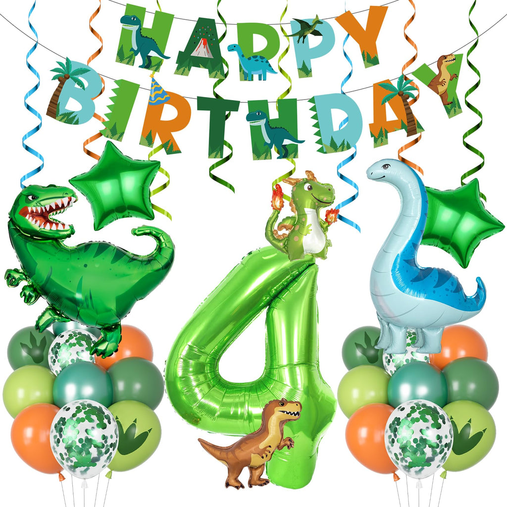 Amandir Dinosaur 4th Birthday Party Decorations – 47-Piece Balloon Kit with Foil Dinos, Number 4, Star Balloons, Banner & Swirls for Boys Girls Dino Party
