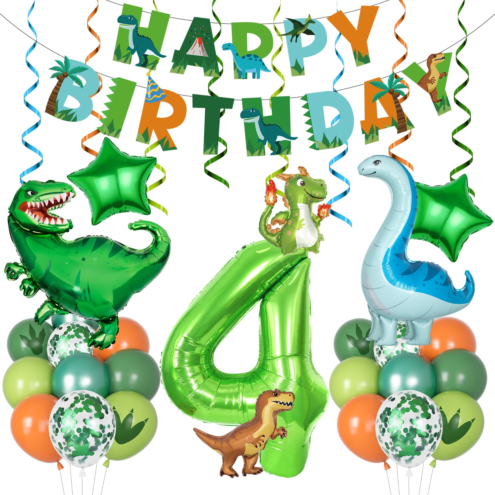 Amandir Dinosaur 4th Birthday Party Decorations – 47-Piece Balloon Kit with Foil Dinos, Number 4, Star Balloons, Banner & Swirls for Boys Girls Dino Party