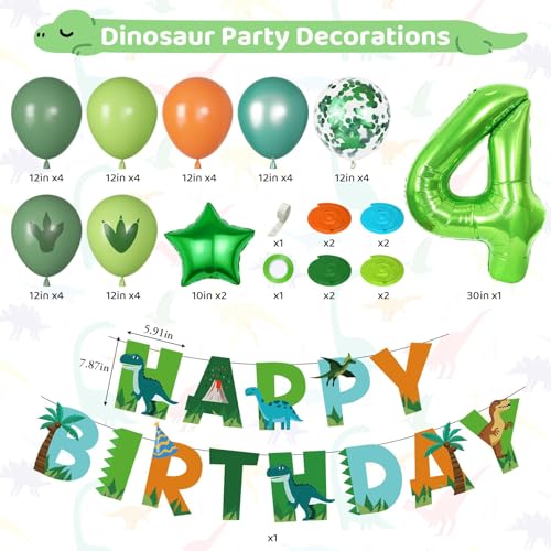 Amandir Dinosaur 4th Birthday Party Decorations – 47-Piece Balloon Kit with Foil Dinos, Number 4, Star Balloons, Banner & Swirls for Boys Girls Dino Party