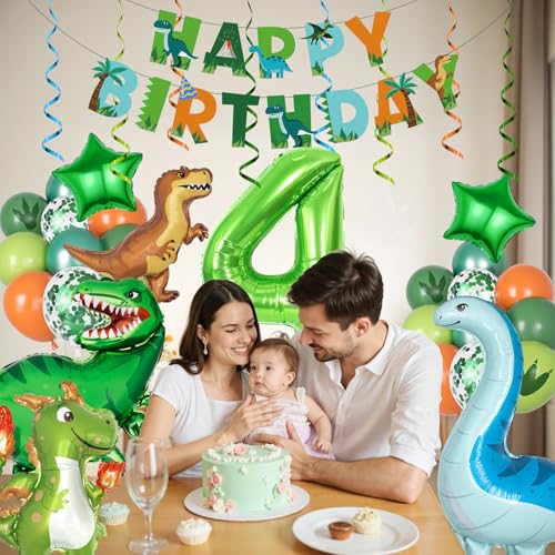 Amandir Dinosaur 4th Birthday Party Decorations – 47-Piece Balloon Kit with Foil Dinos, Number 4, Star Balloons, Banner & Swirls for Boys Girls Dino Party