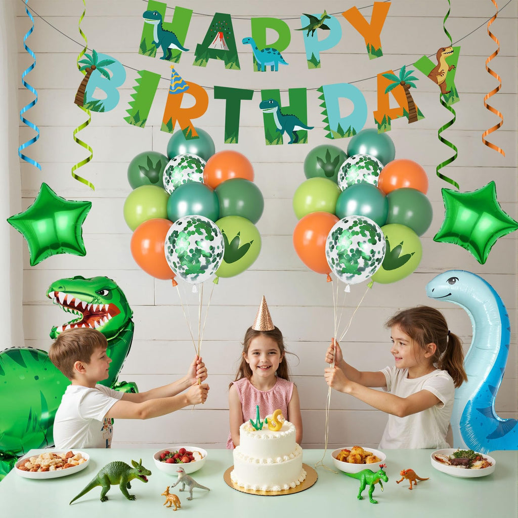 Amandir Dinosaur 4th Birthday Party Decorations – 47-Piece Balloon Kit with Foil Dinos, Number 4, Star Balloons, Banner & Swirls for Boys Girls Dino Party