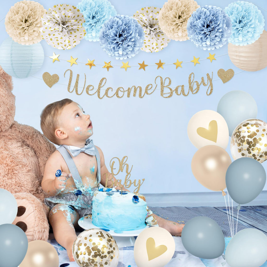 Amandir Dusty Blue Baby Shower Decorations Kit – 51-Piece Set with Banner, Cake Topper, Balloons, and Garland