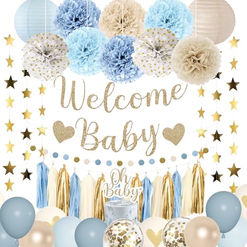Amandir Dusty Blue Baby Shower Decorations Kit – 51-Piece Set with Banner, Cake Topper, Balloons, and Garland