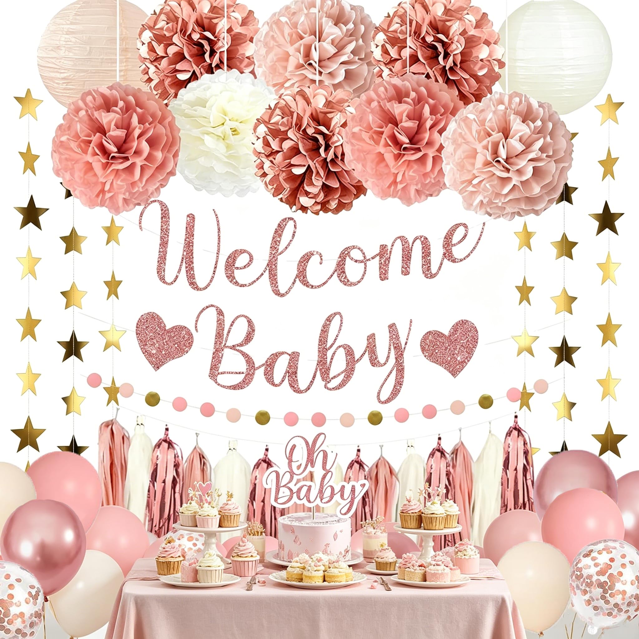 Amandir Dusty Pink Baby Shower Decorations Set – 51 Pieces with Banner, Cake Topper, Balloons & Garlands