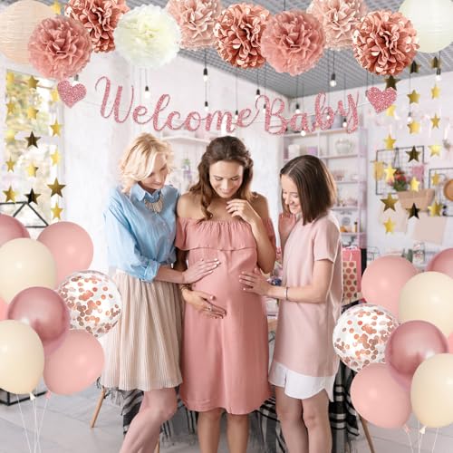 Amandir Dusty Pink Baby Shower Decorations Set – 51 Pieces with Banner, Cake Topper, Balloons & Garlands