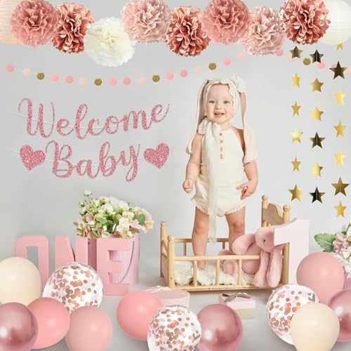 Amandir Dusty Pink Baby Shower Decorations Set – 51 Pieces with Banner, Cake Topper, Balloons & Garlands