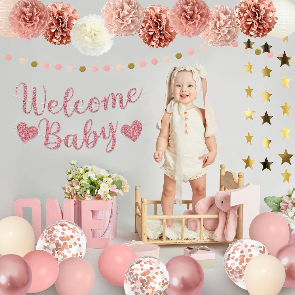 Amandir Dusty Pink Baby Shower Decorations Set – 51 Pieces with Banner, Cake Topper, Balloons & Garlands
