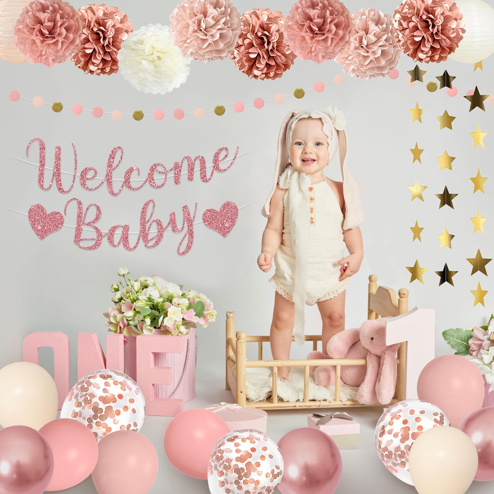 Amandir Dusty Pink Baby Shower Decorations Set – 51 Pieces with Banner, Cake Topper, Balloons & Garlands