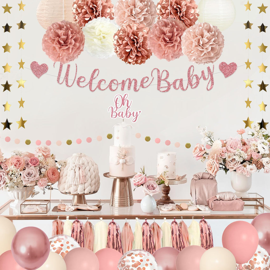 Amandir Dusty Pink Baby Shower Decorations Set – 51 Pieces with Banner, Cake Topper, Balloons & Garlands