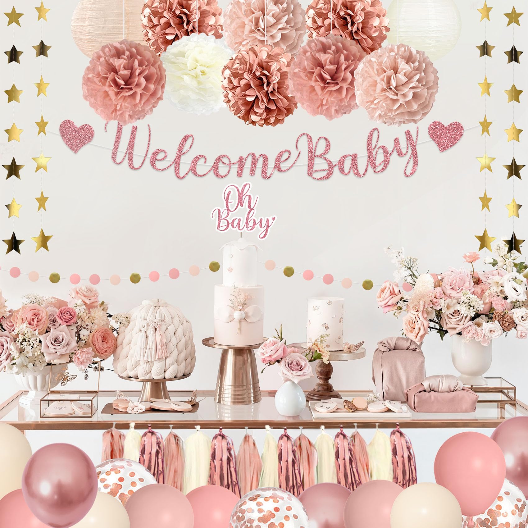 Amandir Dusty Pink Baby Shower Decorations Set – 51 Pieces with Banner, Cake Topper, Balloons & Garlands