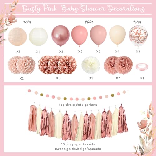 Amandir Dusty Pink Baby Shower Decorations Set – 51 Pieces with Banner, Cake Topper, Balloons & Garlands