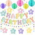 Amandir Pastel Birthday Party Decorations Set with Banner, Honeycomb Balls, Daisy Flowers, Swirls, Garland