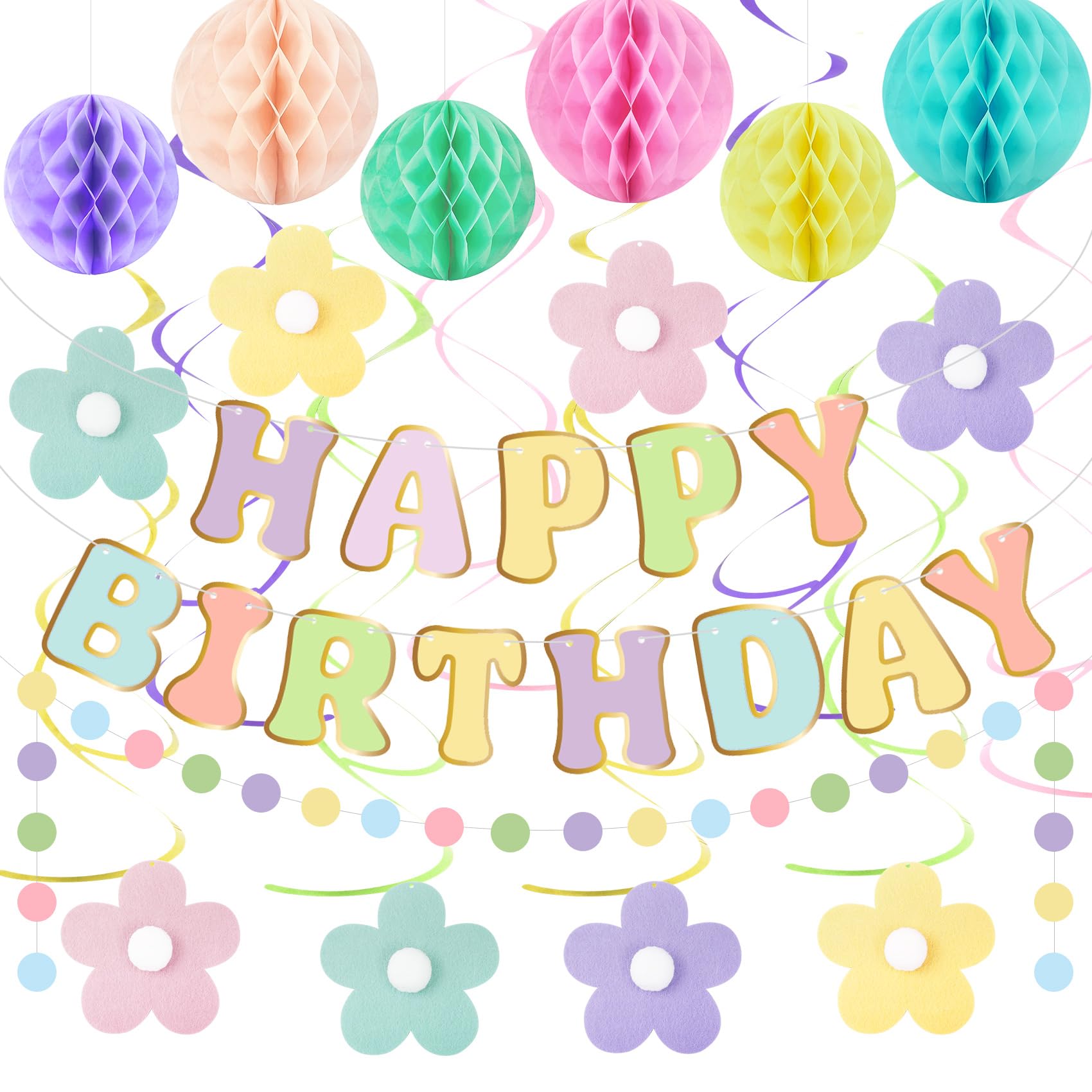 Amandir Pastel Birthday Party Decorations Set with Banner, Honeycomb Balls, Daisy Flowers, Swirls, Garland