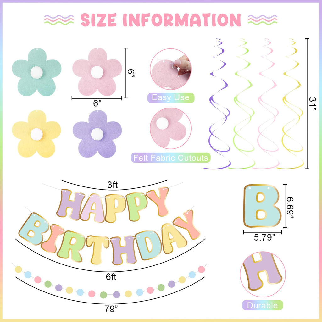 Amandir Pastel Birthday Party Decorations Set with Banner, Honeycomb Balls, Daisy Flowers, Swirls, Garland
