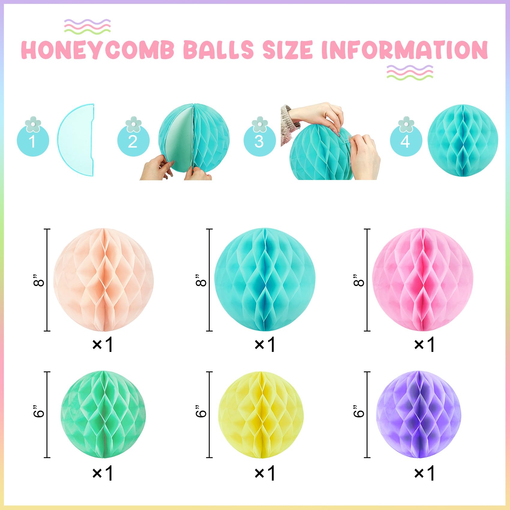 Amandir Pastel Birthday Party Decorations Set with Banner, Honeycomb Balls, Daisy Flowers, Swirls, Garland