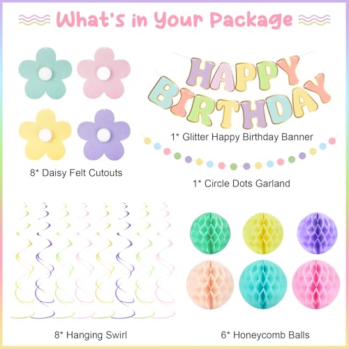 Amandir Pastel Birthday Party Decorations Set with Banner, Honeycomb Balls, Daisy Flowers, Swirls, Garland
