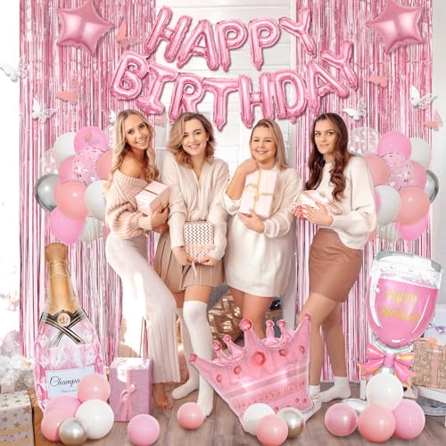 Amandir Pink Birthday Decorations Set - 86 Piece Silver & Pink Party Supplies for Women Girls