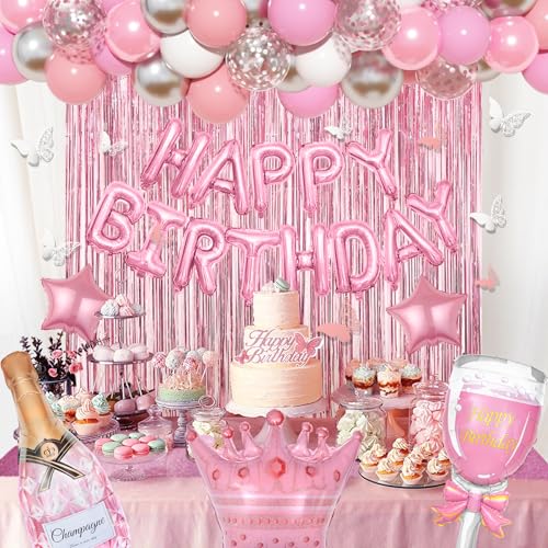 Amandir Pink Birthday Decorations Set - 86 Piece Silver & Pink Party Supplies for Women Girls