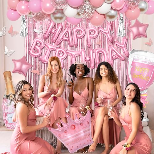 Amandir Pink Birthday Decorations Set - 86 Piece Silver & Pink Party Supplies for Women Girls