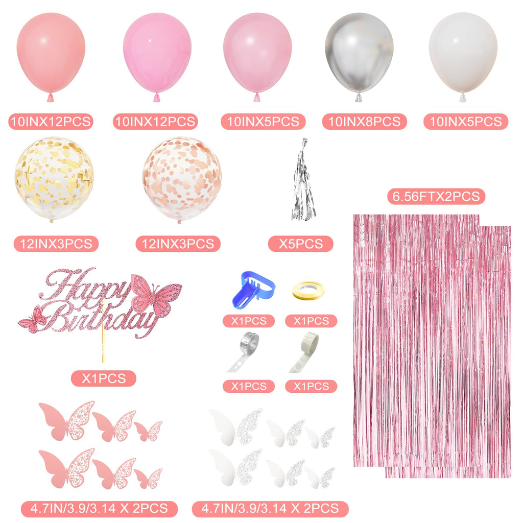 Amandir Pink Birthday Decorations Set - 86 Piece Silver & Pink Party Supplies for Women Girls