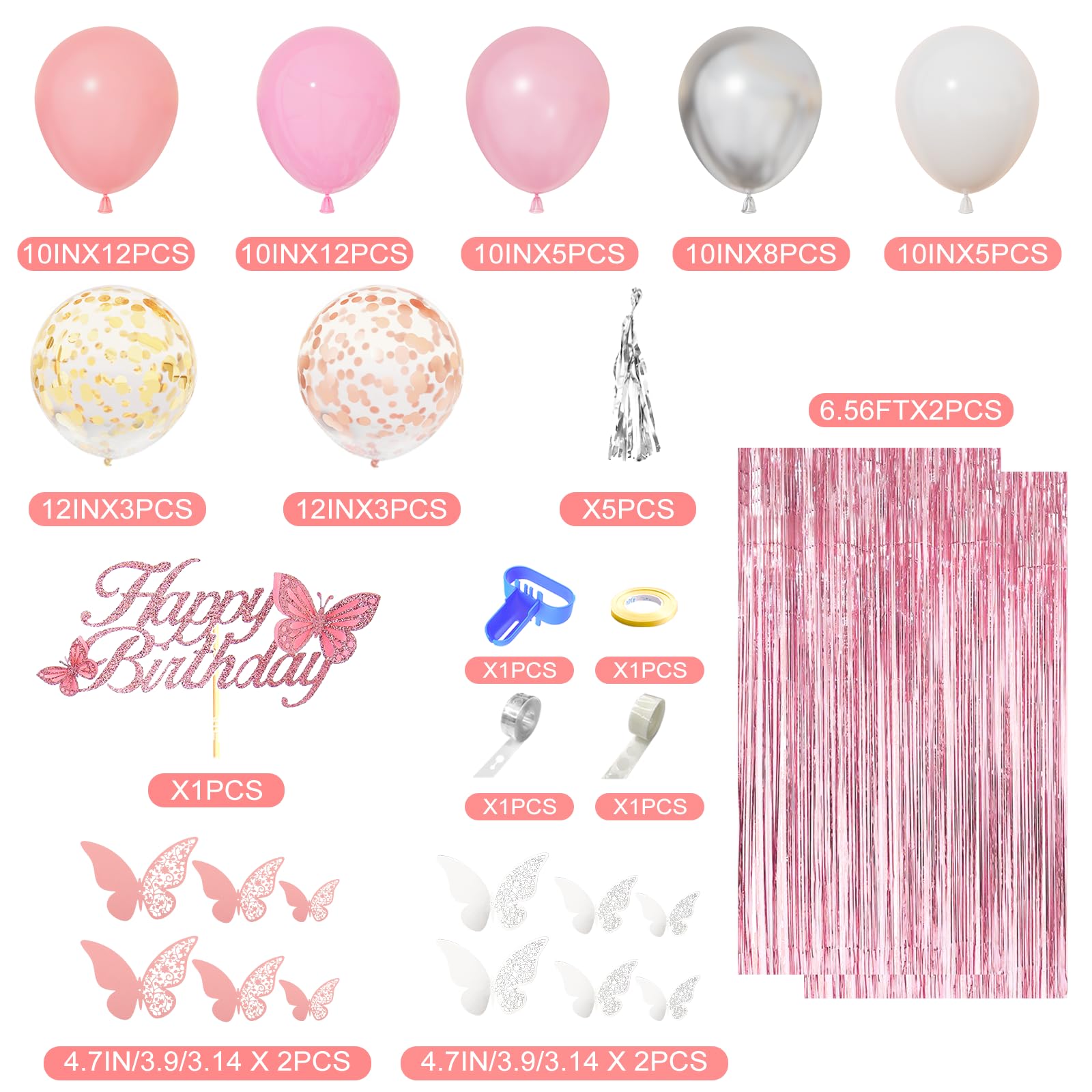 Amandir Pink Birthday Decorations Set - 86 Piece Silver & Pink Party Supplies for Women Girls