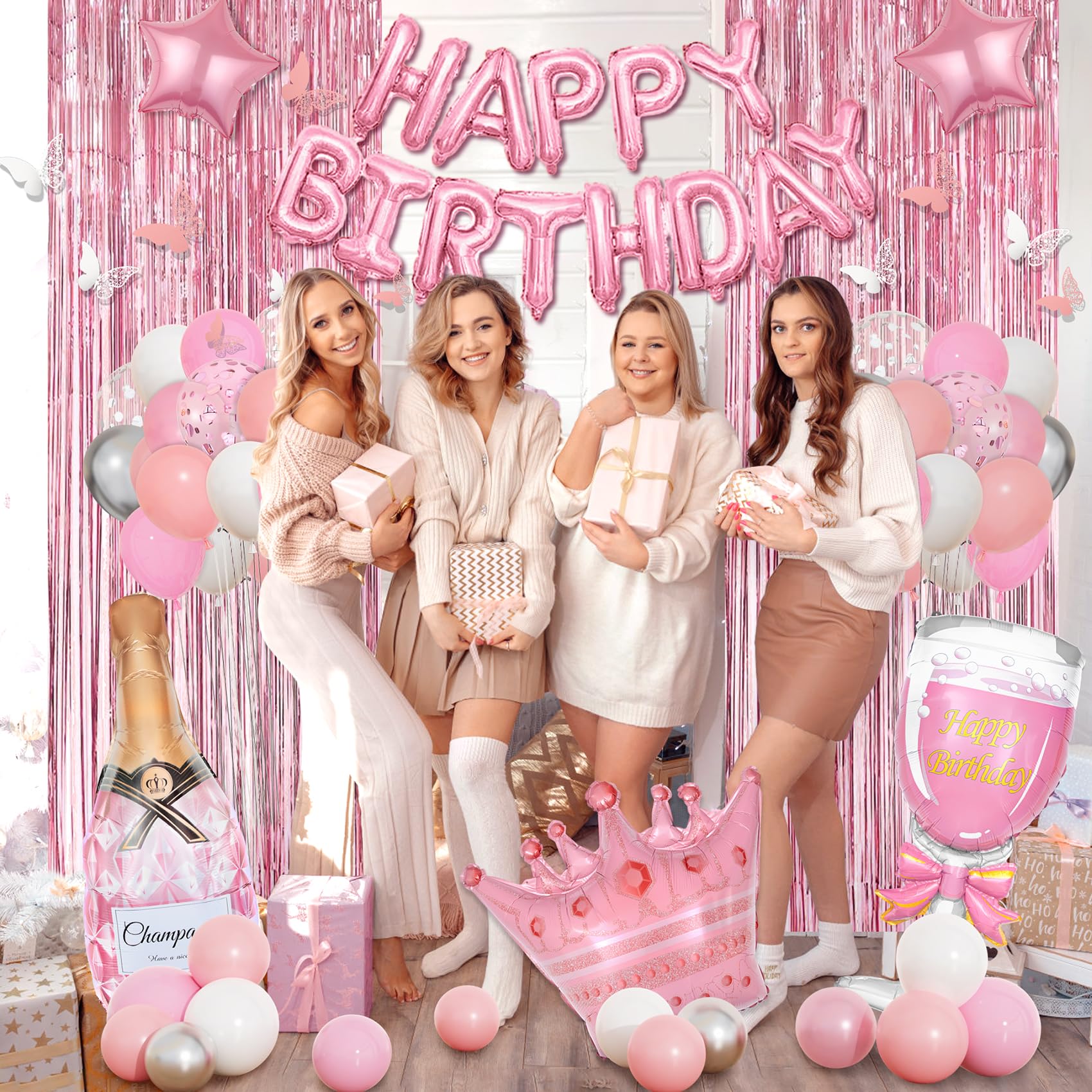 Amandir Pink Birthday Decorations Set - 86 Piece Silver & Pink Party Supplies for Women Girls