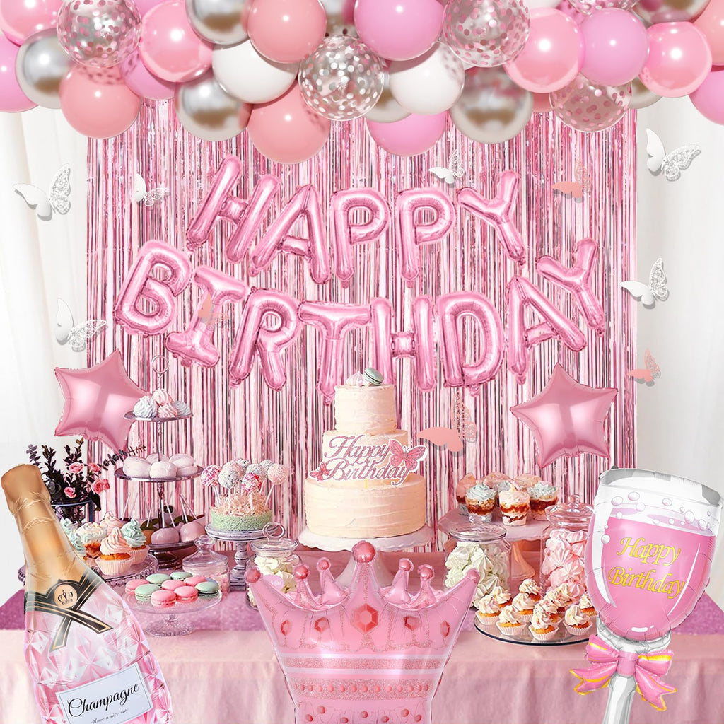 Amandir Pink Birthday Decorations Set - 86 Piece Silver & Pink Party Supplies for Women Girls