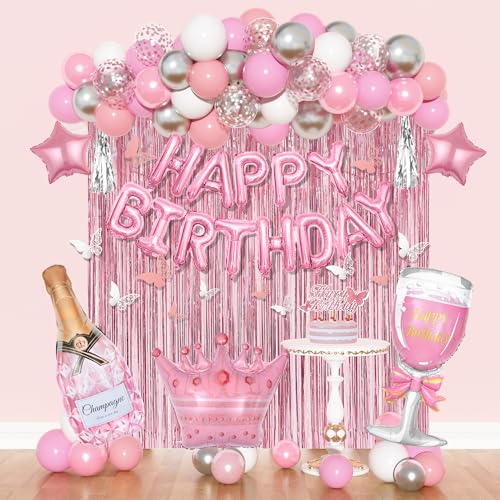 Amandir Pink Birthday Decorations Set - 86 Piece Silver & Pink Party Supplies for Women Girls