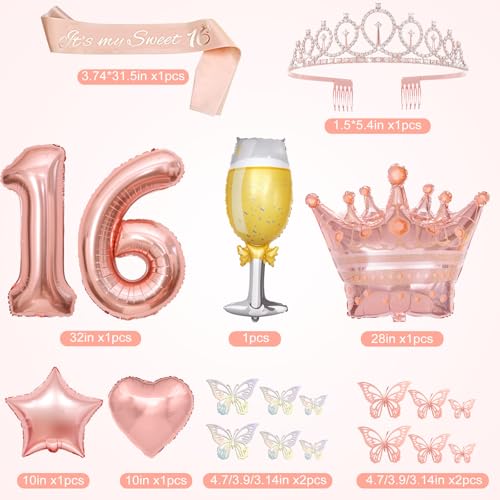 Amandir Sweet 16 Party Decorations for Girls - Rose Gold Birthday Supplies with Balloons, Tablecloth, Crown, Sash, and Butterfly Decor