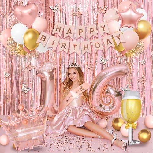 Amandir Sweet 16 Party Decorations for Girls - Rose Gold Birthday Supplies with Balloons, Tablecloth, Crown, Sash, and Butterfly Decor