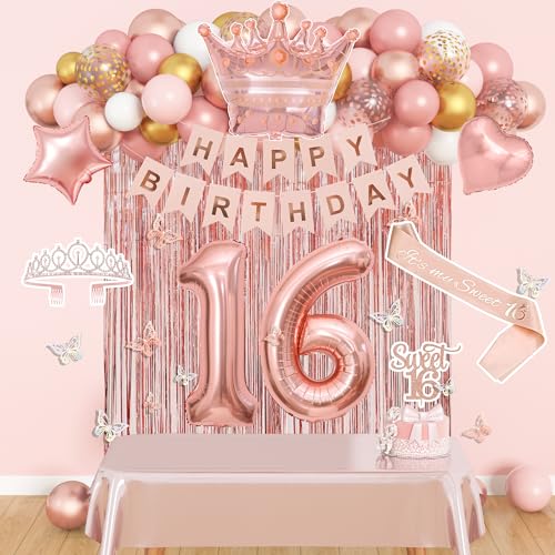 Amandir Sweet 16 Party Decorations for Girls - Rose Gold Birthday Supplies with Balloons, Tablecloth, Crown, Sash, and Butterfly Decor