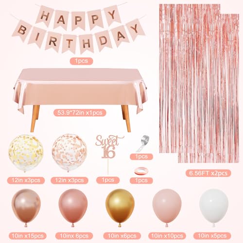 Amandir Sweet 16 Party Decorations for Girls - Rose Gold Birthday Supplies with Balloons, Tablecloth, Crown, Sash, and Butterfly Decor