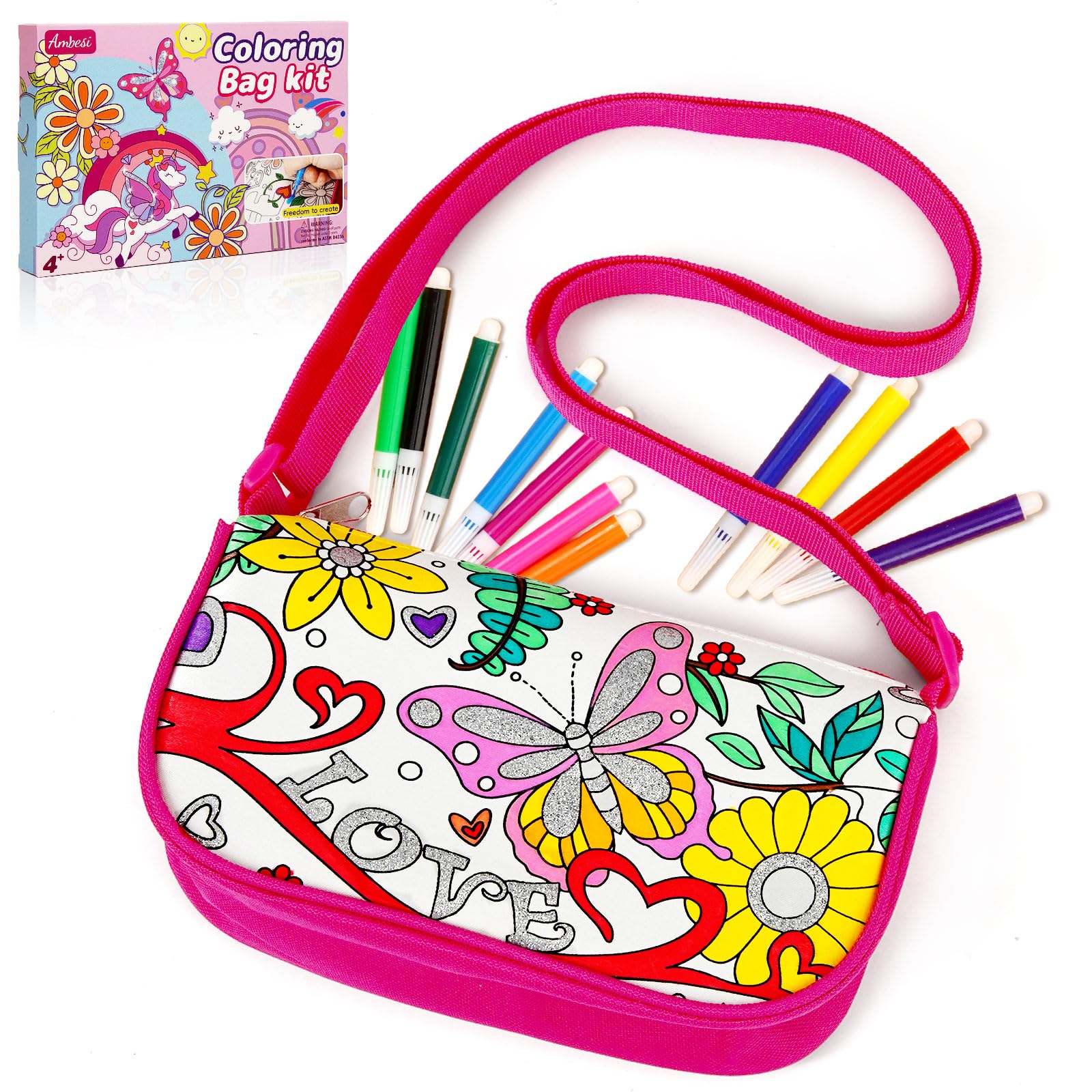 Ambesi Butterfly Coloring Handbag Kit with 12 Washable Markers for Kids 4+