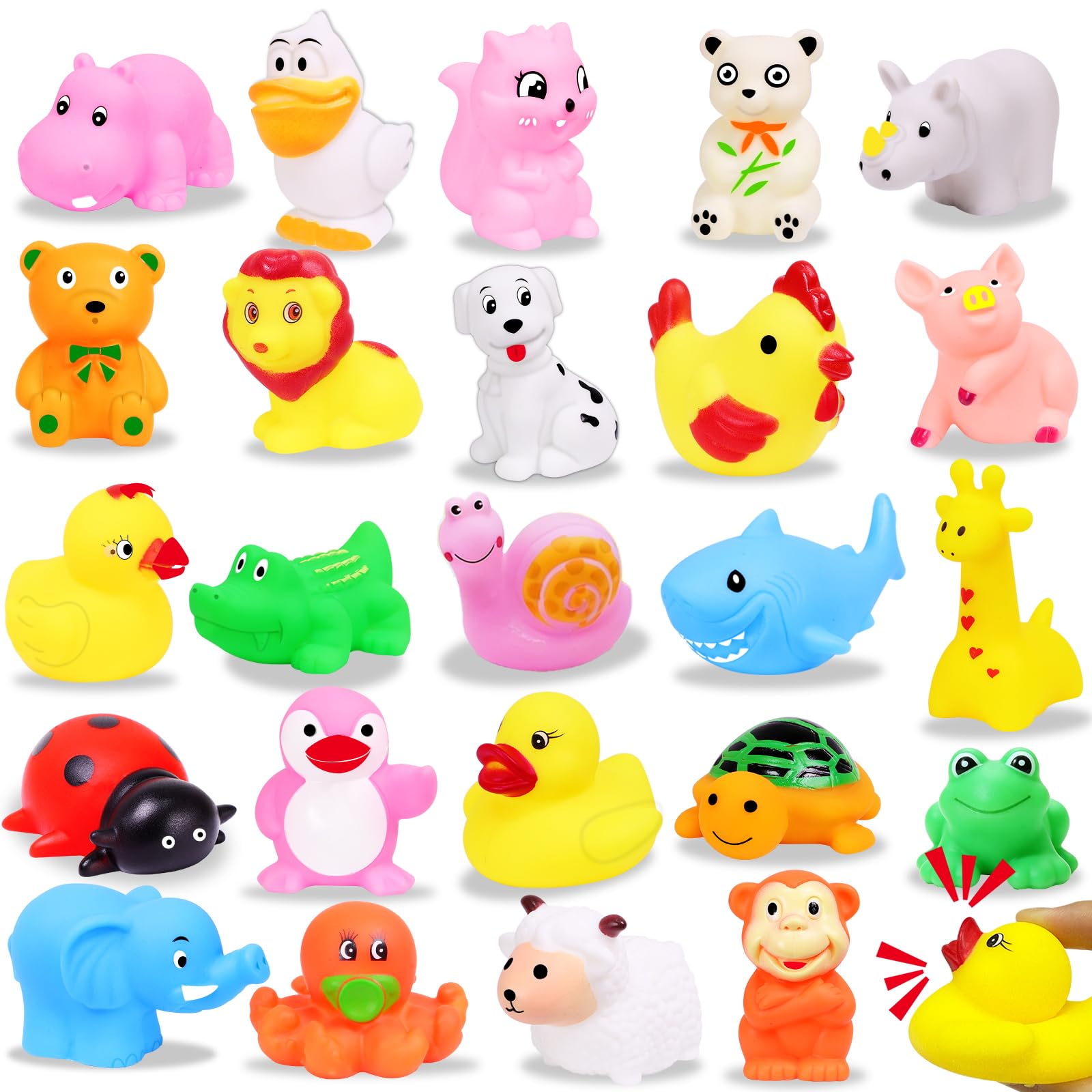 AMENON 24 Pack Animal Squeeze Squishy Toys - Funny Rubber Ducks Bulk Set for Bath, Party Favors, Classroom Prizes, Stress Relief Sensory Toys for Toddlers Kids