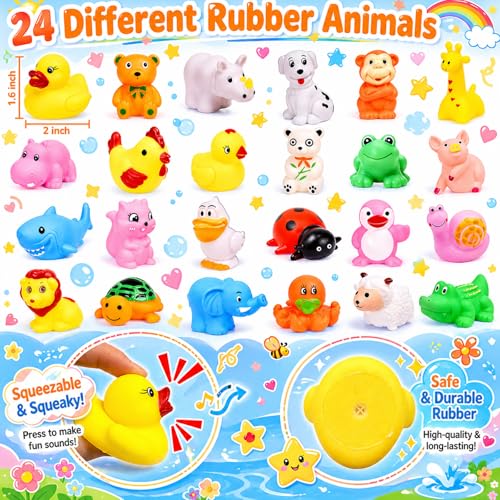 AMENON 24 Pack Animal Squeeze Squishy Toys - Funny Rubber Ducks Bulk Set for Bath, Party Favors, Classroom Prizes, Stress Relief Sensory Toys for Toddlers Kids
