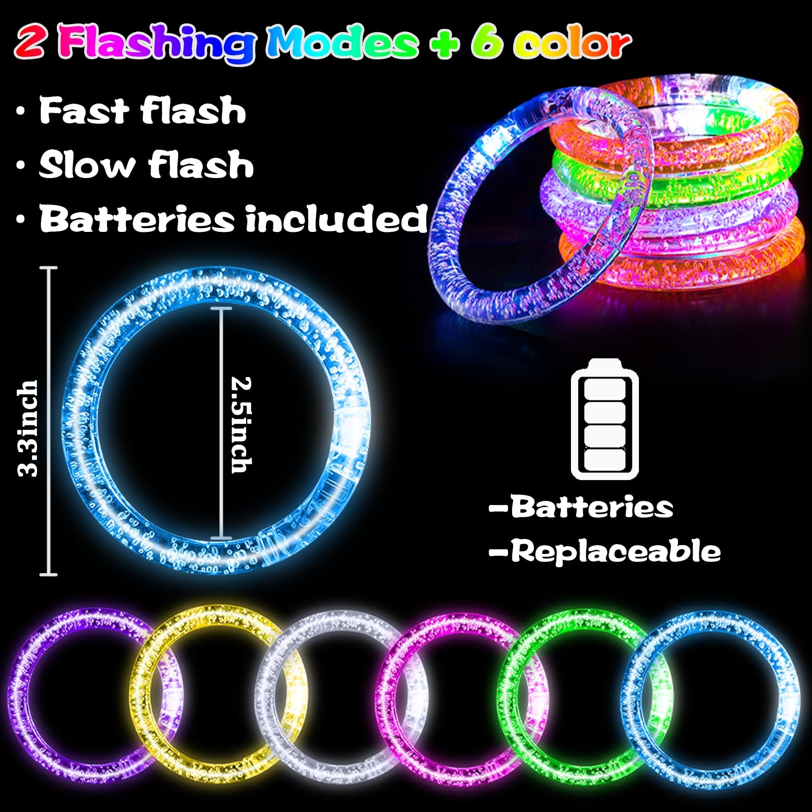 AMENON 24 Pack Glow in the Dark LED Bracelets - Reusable Party Favors with ON/OFF Switch, 6 Colors