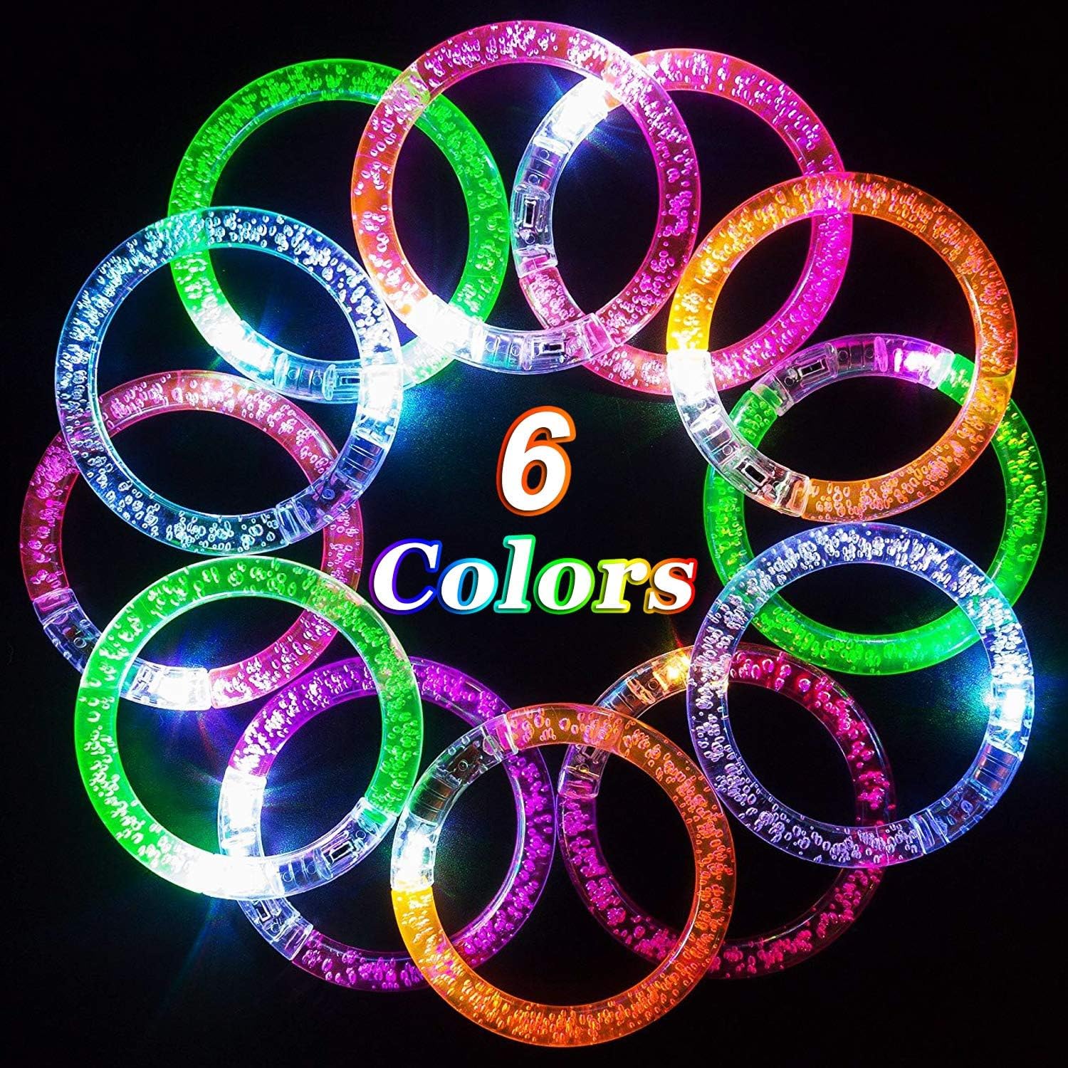 AMENON 24 Pack Glow in the Dark LED Bracelets - Reusable Party Favors with ON/OFF Switch, 6 Colors