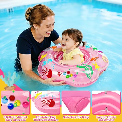 AMENON 25.6" Inflatable Baby Pool Float for 6-36 Months - Double Air Chamber, Anti-Flip Toddler Swim Trainer with Ocean Theme