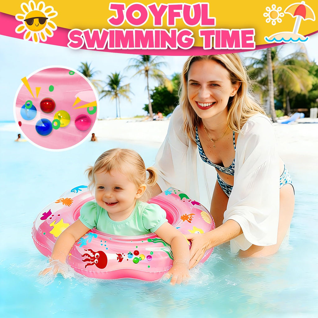 AMENON 25.6" Inflatable Baby Pool Float for 6-36 Months - Double Air Chamber, Anti-Flip Toddler Swim Trainer with Ocean Theme