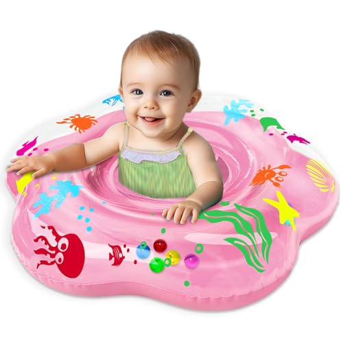 AMENON 25.6" Inflatable Baby Pool Float for 6-36 Months - Double Air Chamber, Anti-Flip Toddler Swim Trainer with Ocean Theme