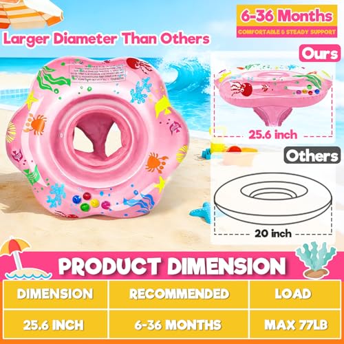AMENON 25.6" Inflatable Baby Pool Float for 6-36 Months - Double Air Chamber, Anti-Flip Toddler Swim Trainer with Ocean Theme