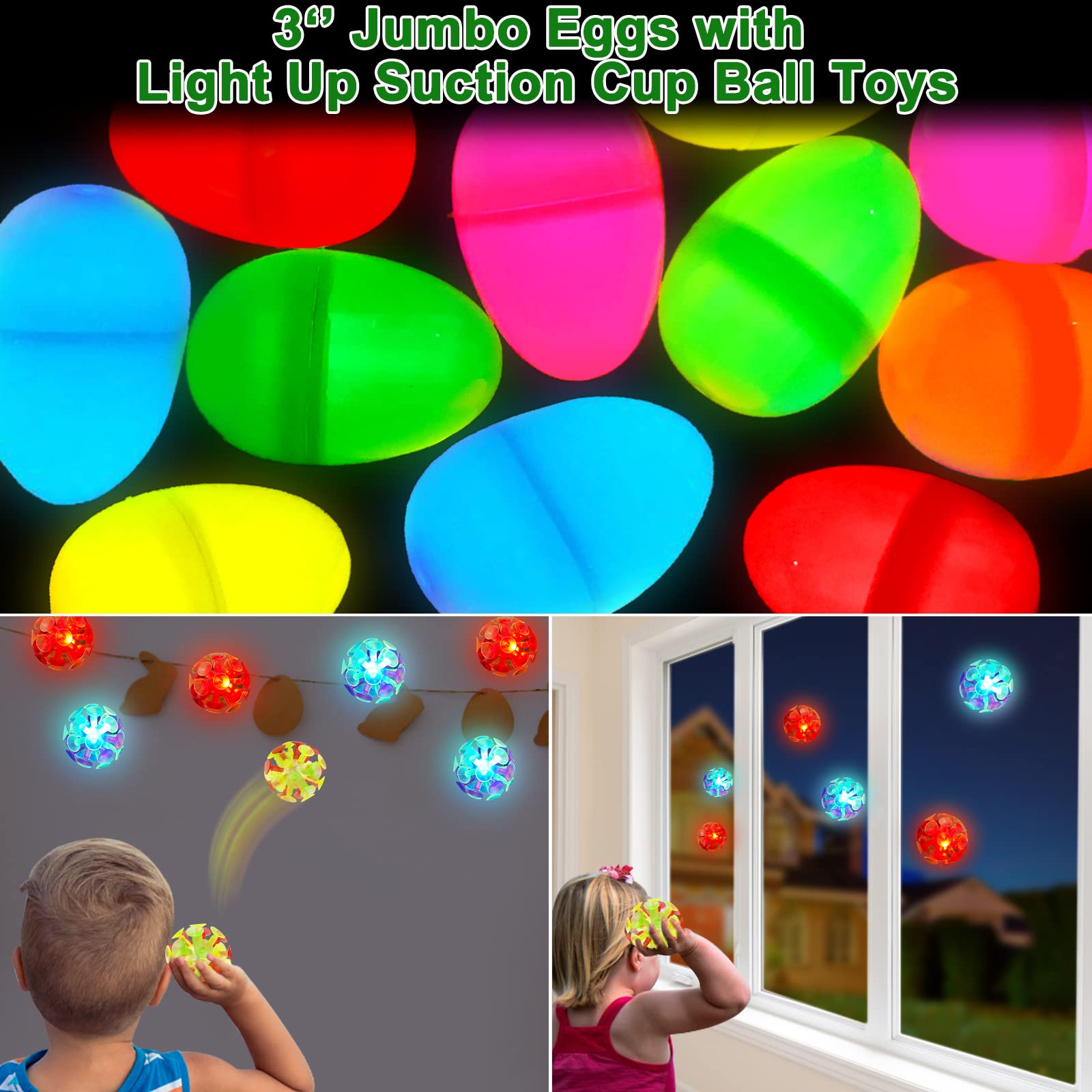 AMENON 6 Pack Jumbo Filled Easter Eggs with LED Suction Cup Balls - Light Up Surprise Toys for Egg Hunt, Party Favors, Stress Relief