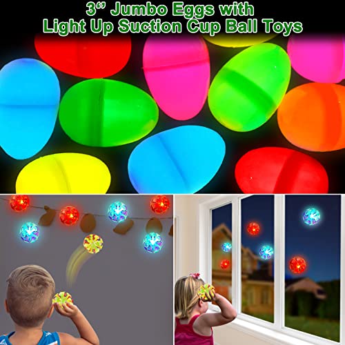 AMENON 6 Pack Jumbo Filled Easter Eggs with LED Suction Cup Balls - Light Up Surprise Toys for Egg Hunt, Party Favors, Stress Relief