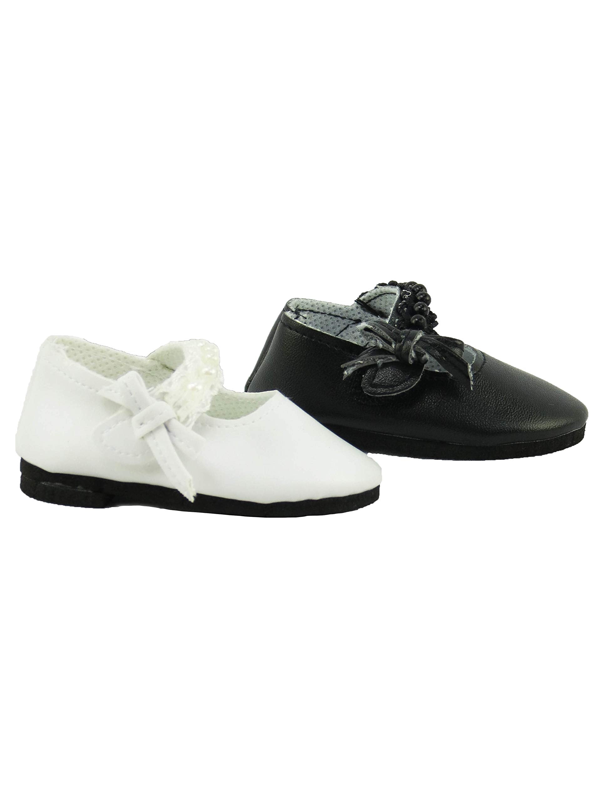 American Fashion World Black and White Pearl Flats for 18-Inch Dolls – 2 Pack Handmade Doll Shoes with Velcro Closure