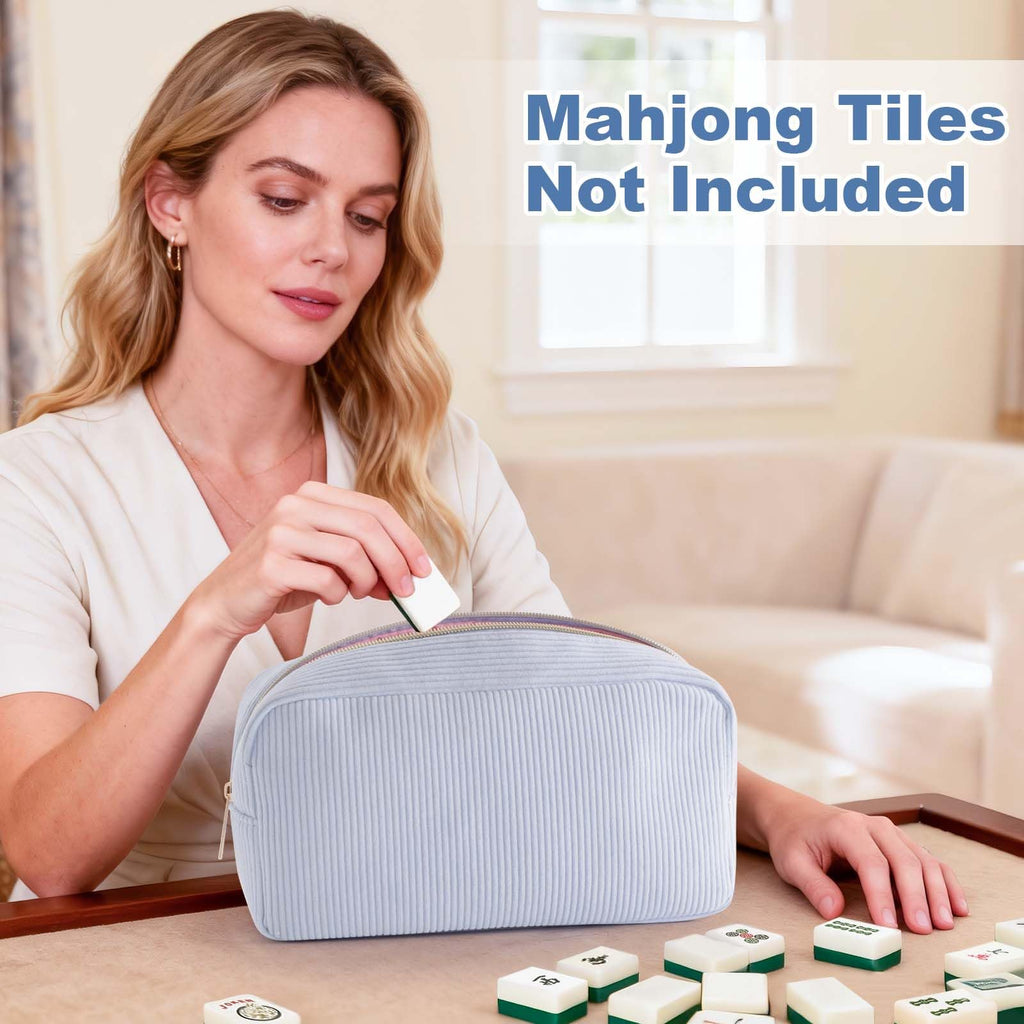 American Mahjong Tile Bag – Blue Corduroy Zippered Case Fits Standard 1.2-Inch Tiles (Case Only)
