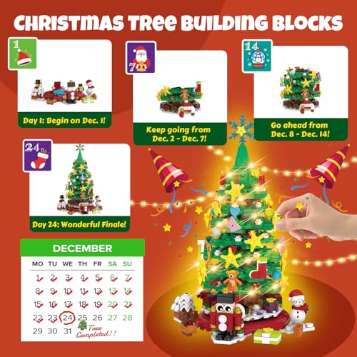 amireed 2025 Advent Calendar Christmas Building Blocks Kit with LED Light - 24 Days Countdown Building Set for Kids Teens