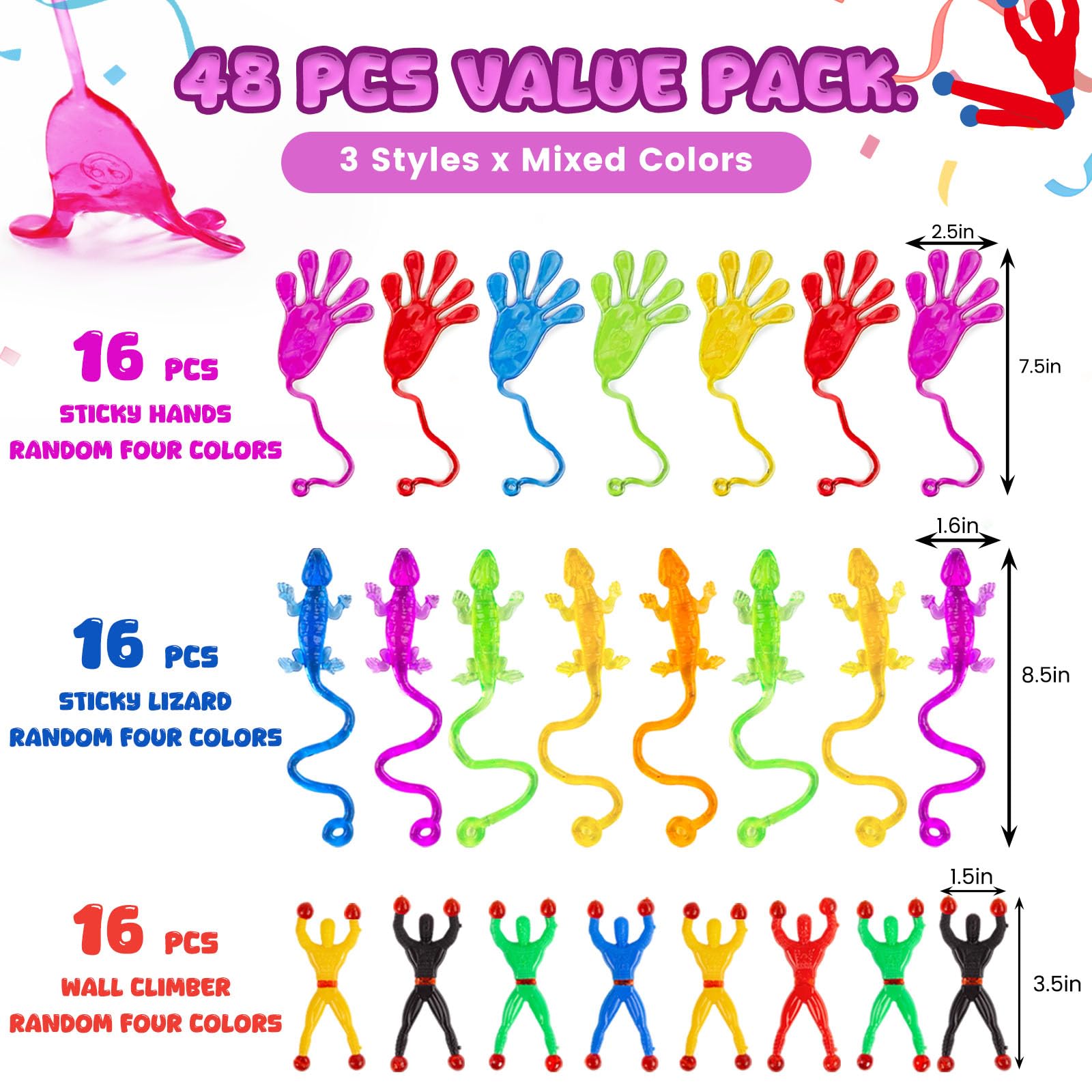 AMOR PRESENT 48-Piece Stretchy Sticky Toy Party Favors – Bulk Set with Sticky Hands, Wall Crawlers & Lizards