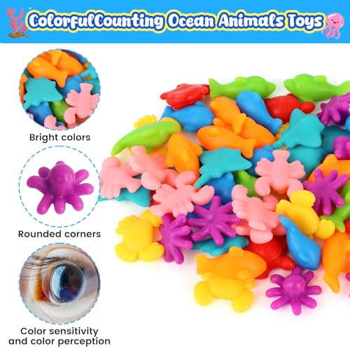 AMOR PRESENT 64-Piece Ocean Animal Counting & Sorting Toy Set for Toddlers - Montessori Math Game with 56 Animals, 6 Bowls & 2 Tweezers